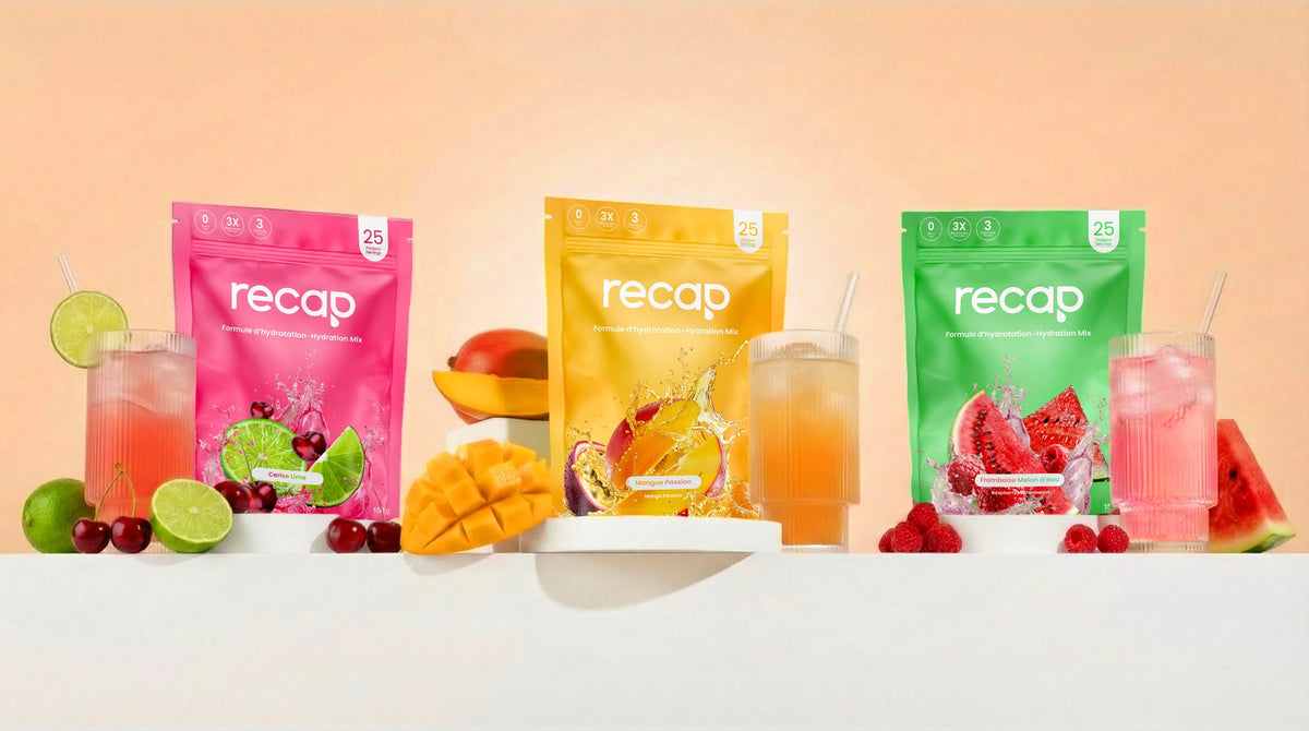 Les trois saveurs Recap avec leurs fruits et boissons préparées.