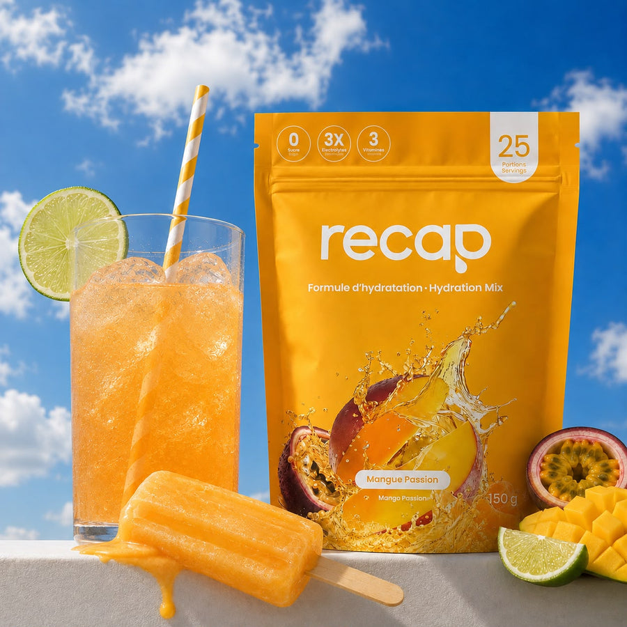 Recap Mangue-Passion, fruits et boisson fraîche sous un ciel bleu.