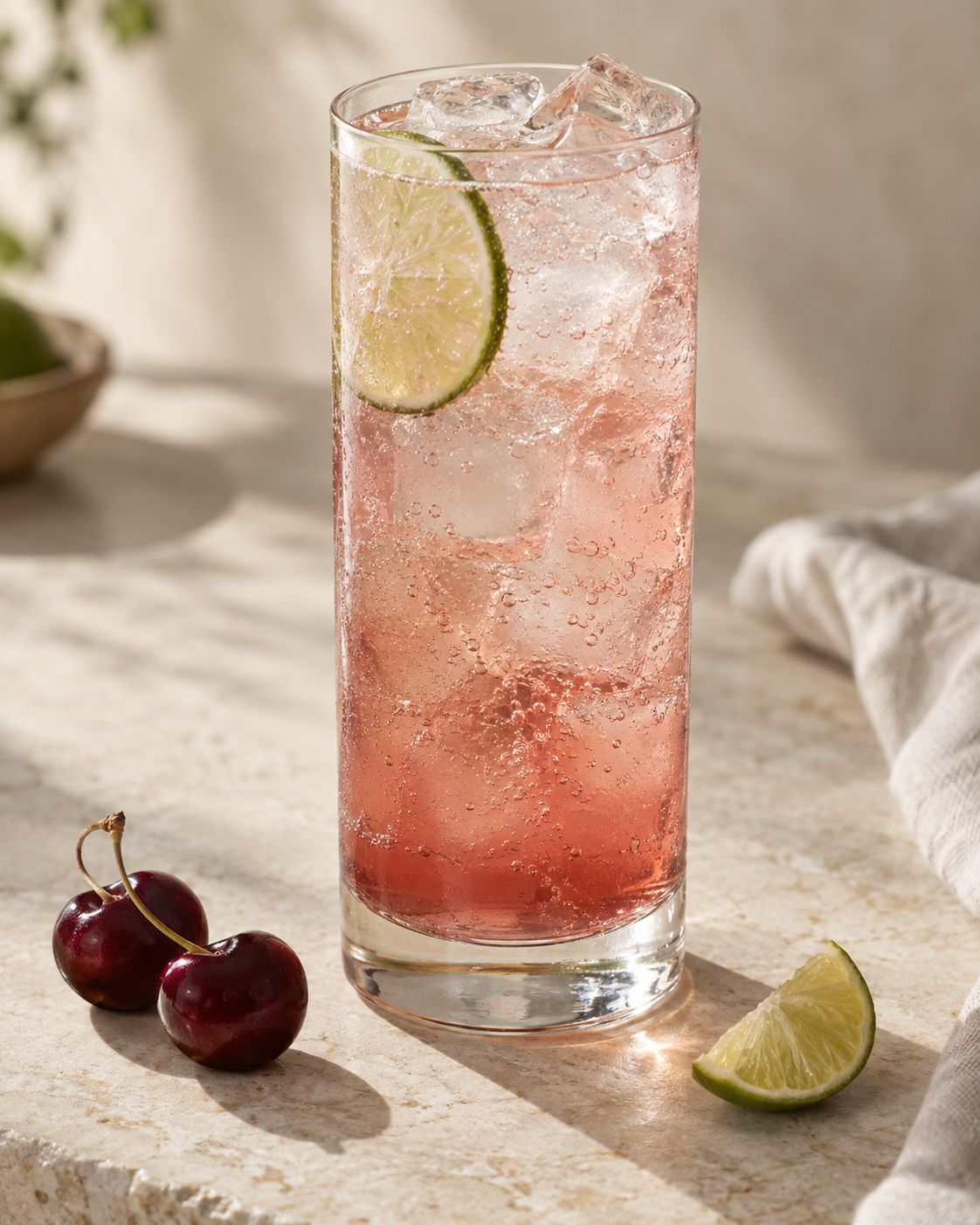 Mocktail Cerise-Lime pétillant sur glace, garni d’une rondelle de lime.