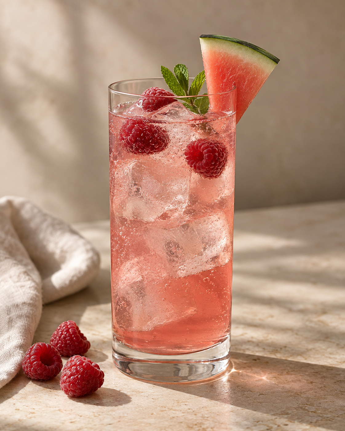 Mocktail Framboise-Melon sur glace, garni de framboises, de melon d’eau et de menthe.