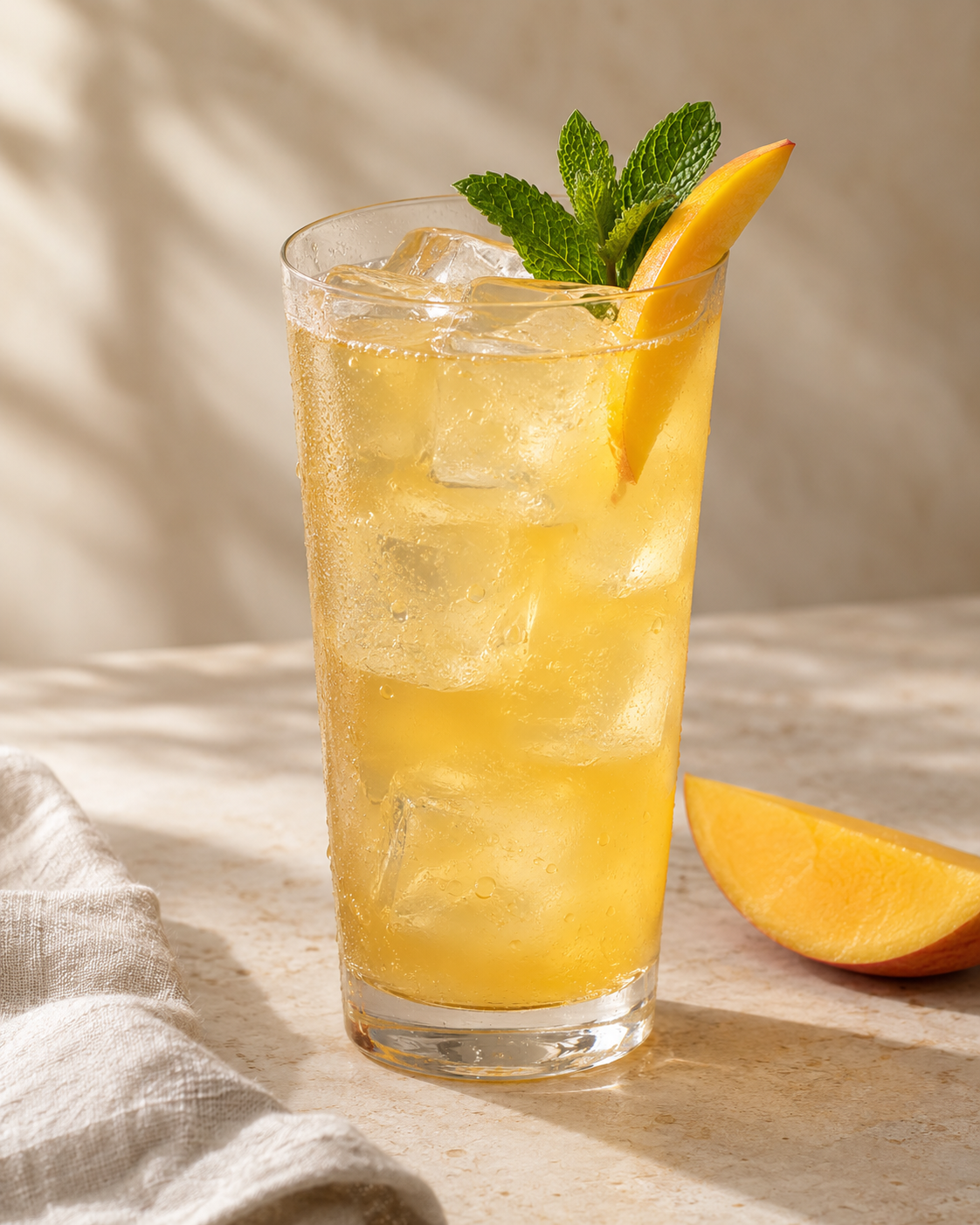 Mocktail Mangue-Passion sur glace, garni de mangue fraîche et de menthe.